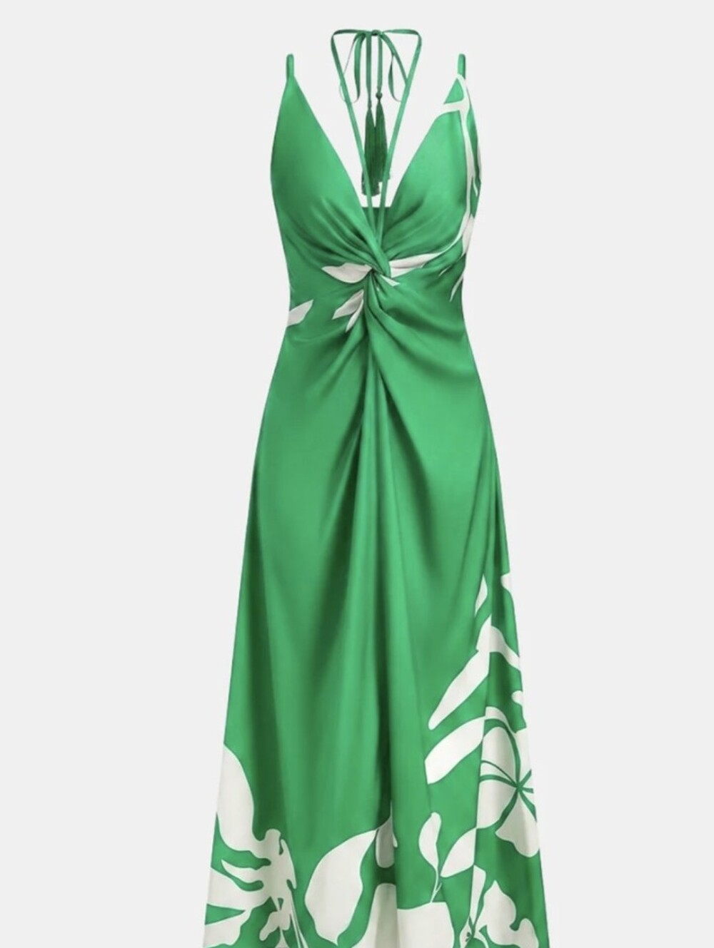Commense Dress Maxi Twist Halter Tassel Floral Satin Green M NWT